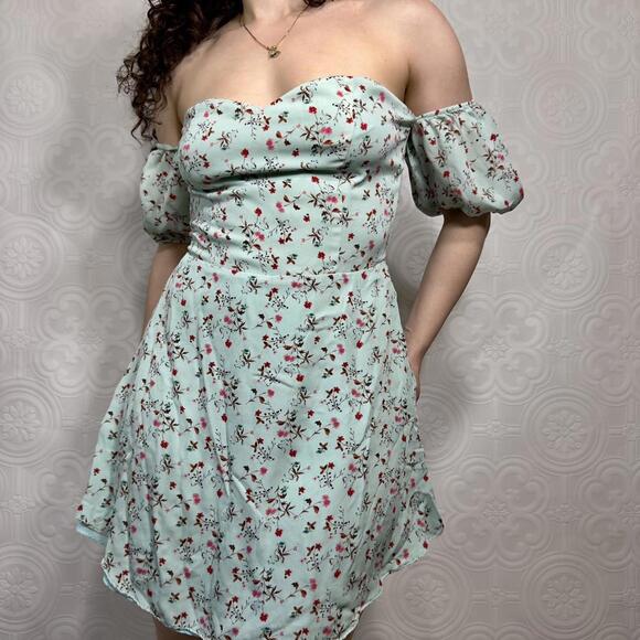 LPA Revolve Mini Dress Womens Medium Mint Green Floral Silk Off the Shoulder - Picture 1 of 5